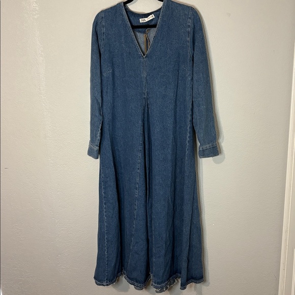 Zara Tilda Denim Long Sleeve Maxi Dress V Neck M - Picture 2 of 8